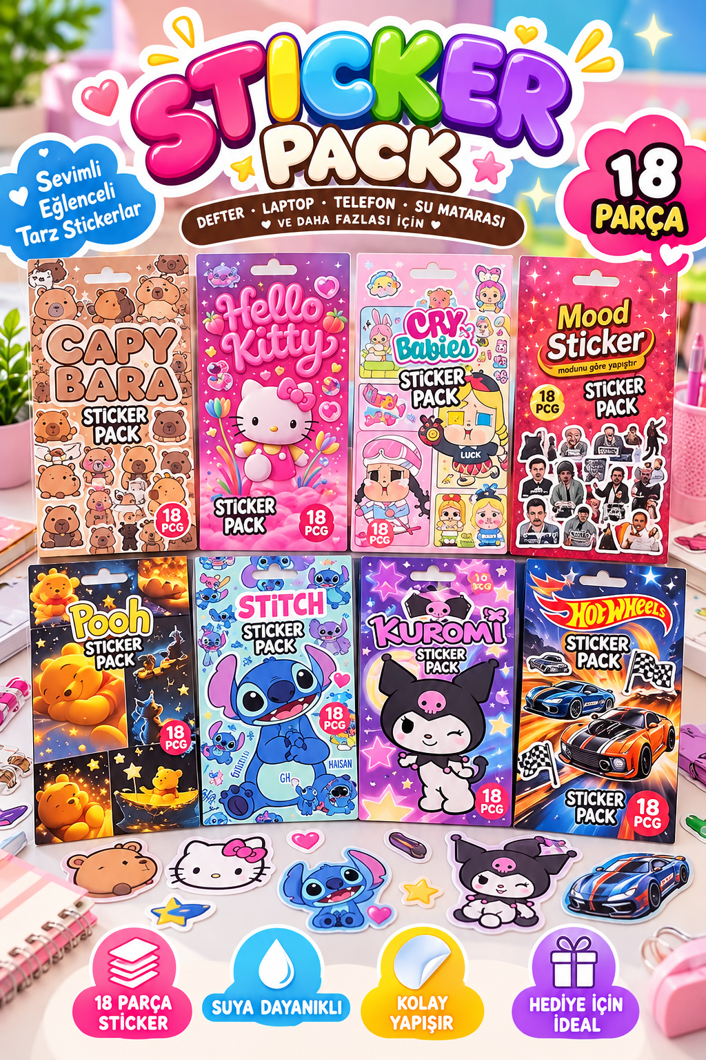 18'li Karışık Sticker Seti – Sevimli ve Eğlenceli Figürlü Çıkartmalar, Defter Telefon Tablet Laptop Süsleme Sticker Paketi 1 Adet